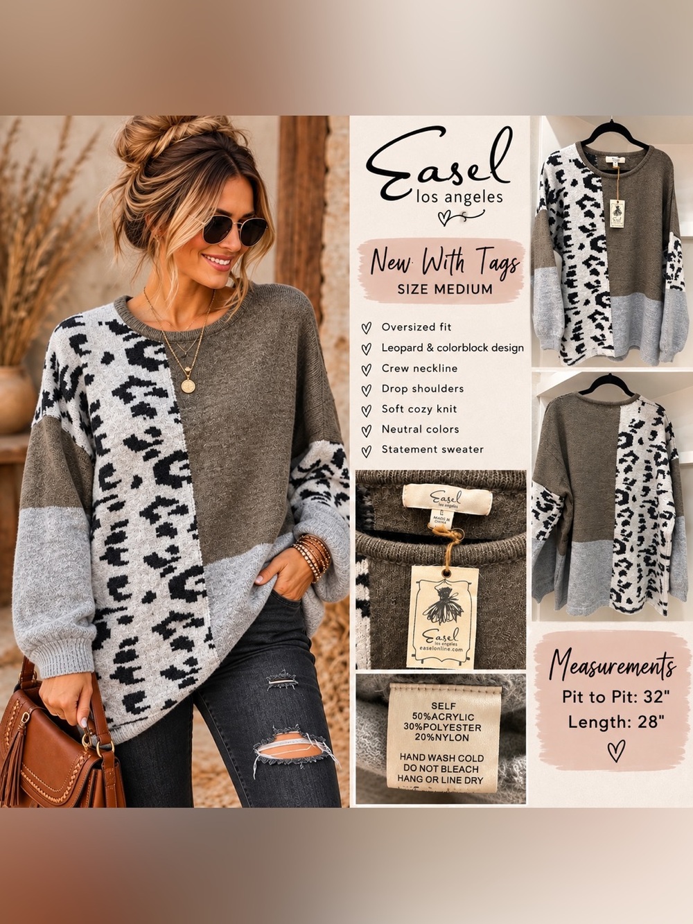 Easel NWT Oversized Colorblock Leopard Sweater Medium Gray Taupe Animal Print